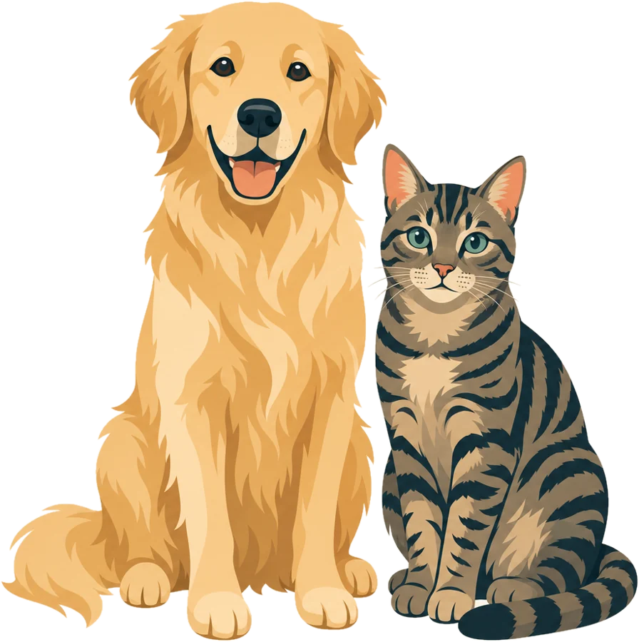 Un golden retriever et un chat tigré assis côte à côte