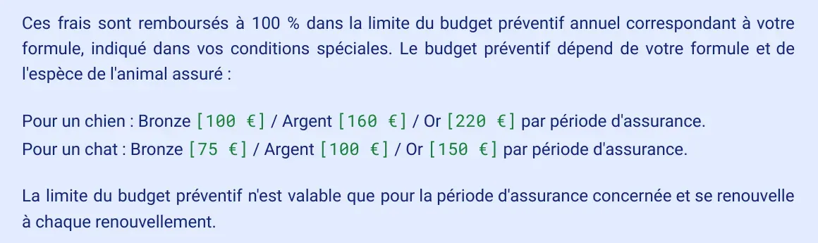 Extrait des conditions générales Lassie, page 10 : budget préventif de 100, 160 ou 220 euros pour un chien, distinct du plafond annuel