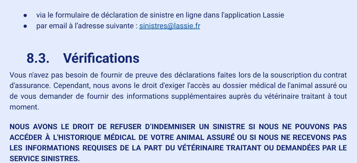Extrait des conditions générales Lassie, page 22 : déclaration du sinistre par l’application ou par e-mail et droit de refuser en l’absence d’historique médical