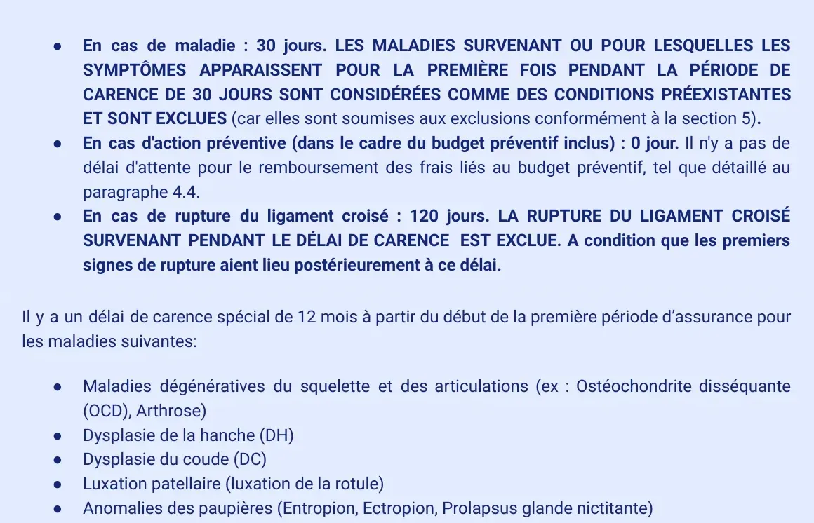 Extrait des conditions générales Lassie, page 9 : délais de carence de 30 jours, 120 jours et délai spécial de 12 mois pour la dysplasie et la luxation de la rotule
