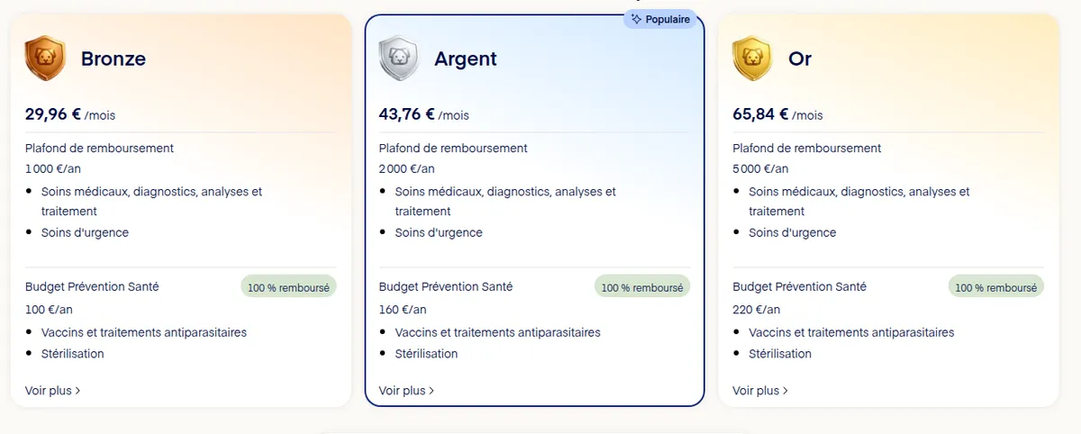 Écran de devis Lassie avec les trois formules Bronze, Argent et Or, leurs plafonds et leurs budgets prévention